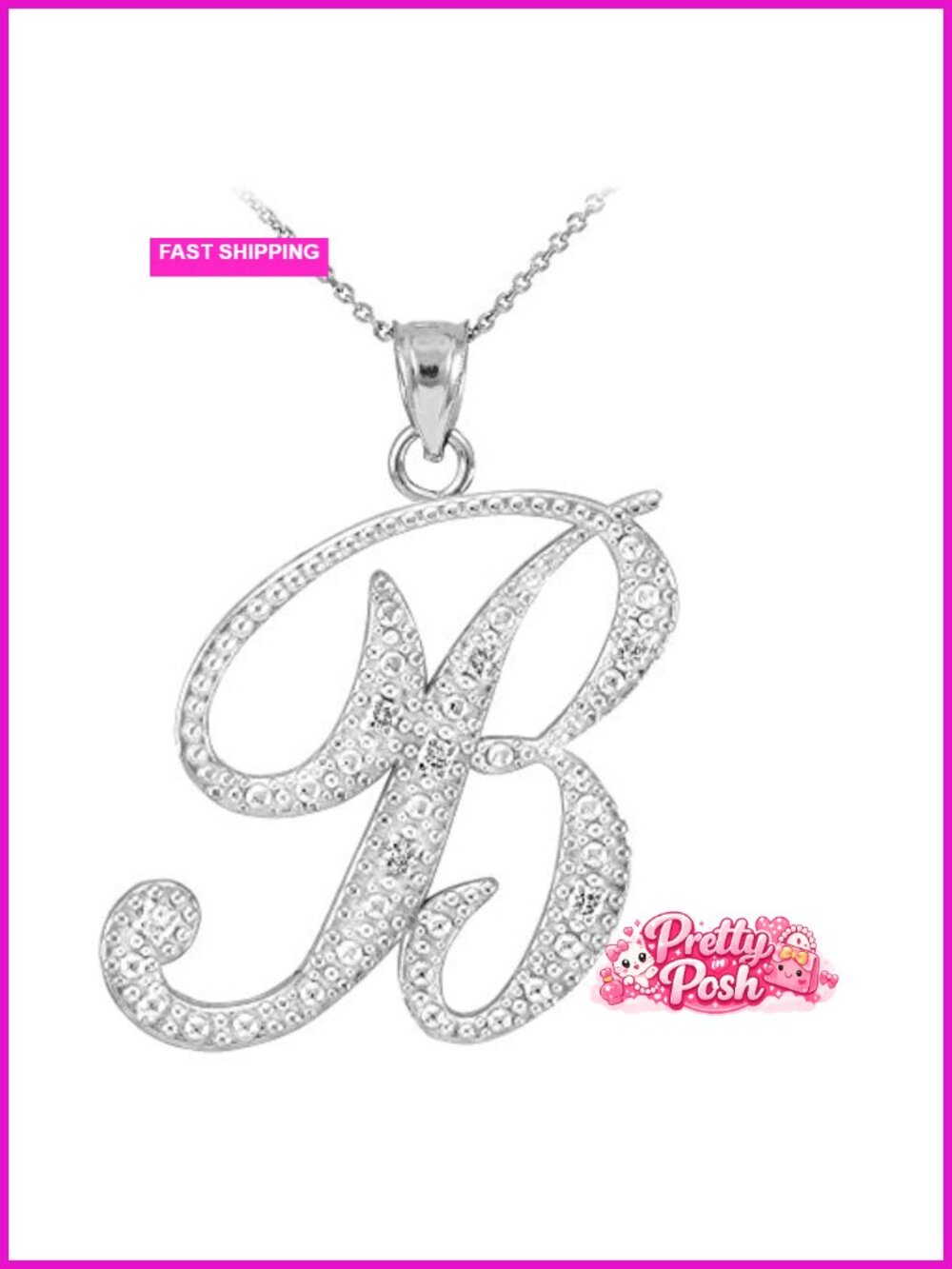 Sterling Silver Cubic Zirconia Cursive Initial B Pendant Necklace 18